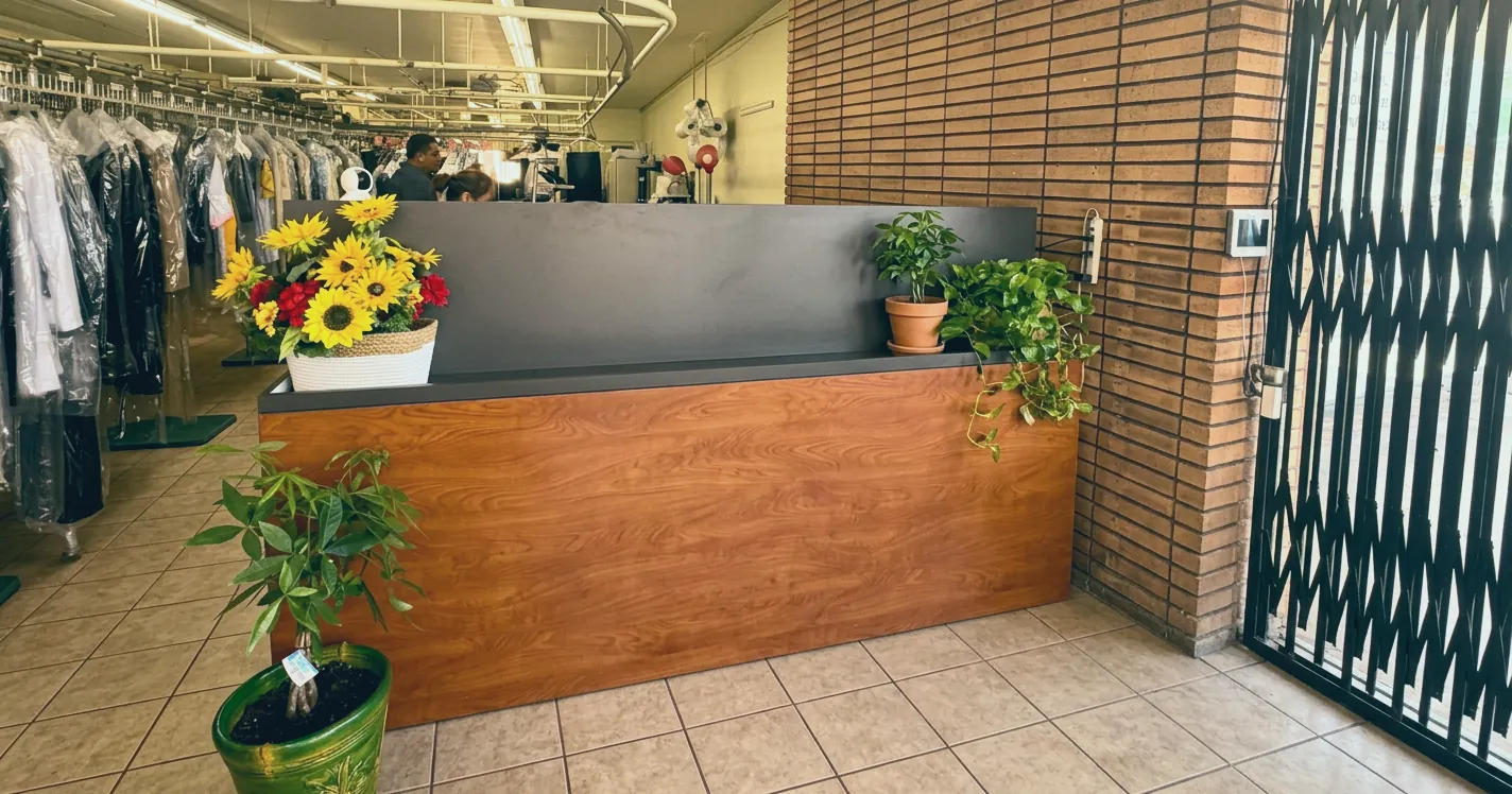 Maria's front counter with sunflowers and potted plants